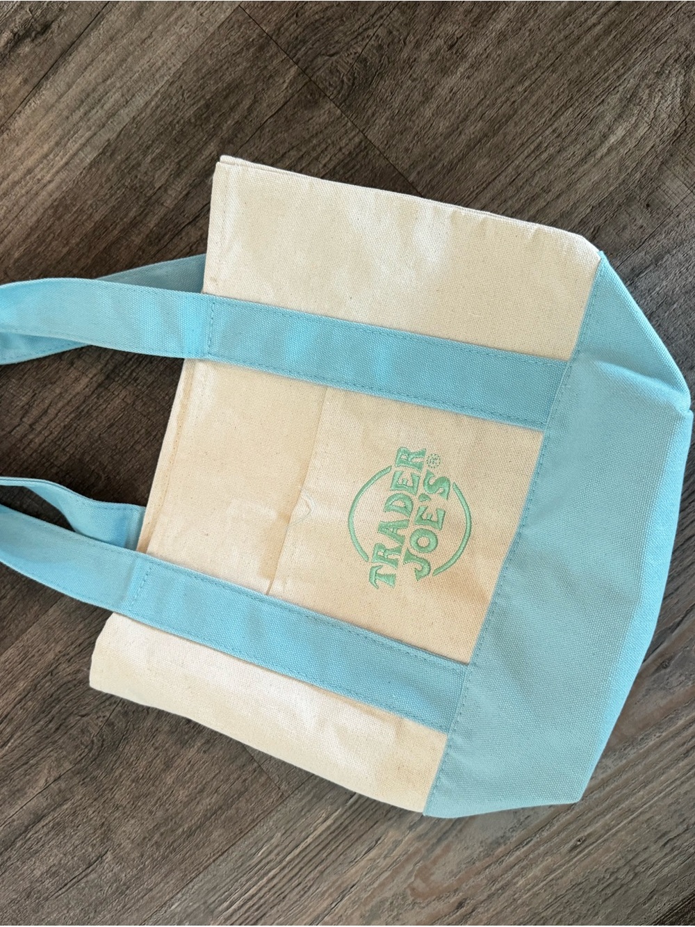 Trader Joe's Two-Tone Canvas Tote in Light Blue and Cream